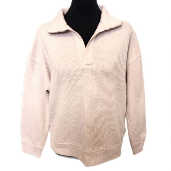 Merokeety Waffle Knit V-neck Collared Relaxed Fit Cropped Sweatshirt, L - Picture 1 of 10